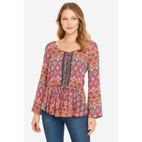 No Boundaries Geometric print peasant Blouse Womens SZ L Flared Sleeves Bohochic - Picture 2 of 12